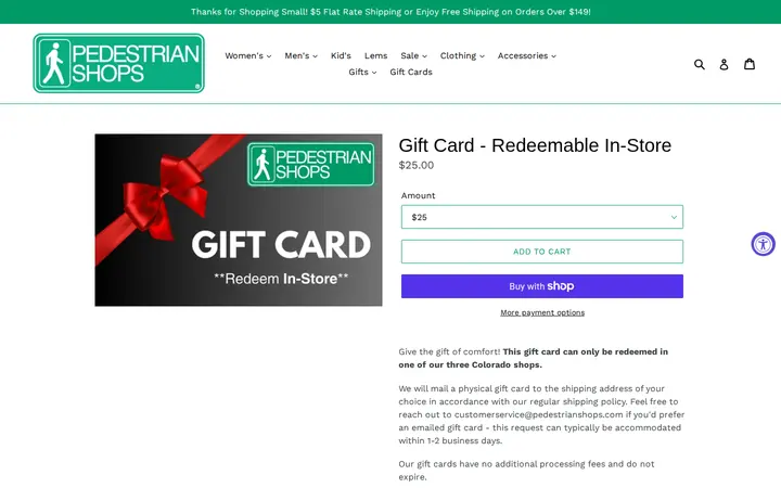 /collections/gift-cards/products/gift-card-redeemable-in-store — Pedestrian Shops