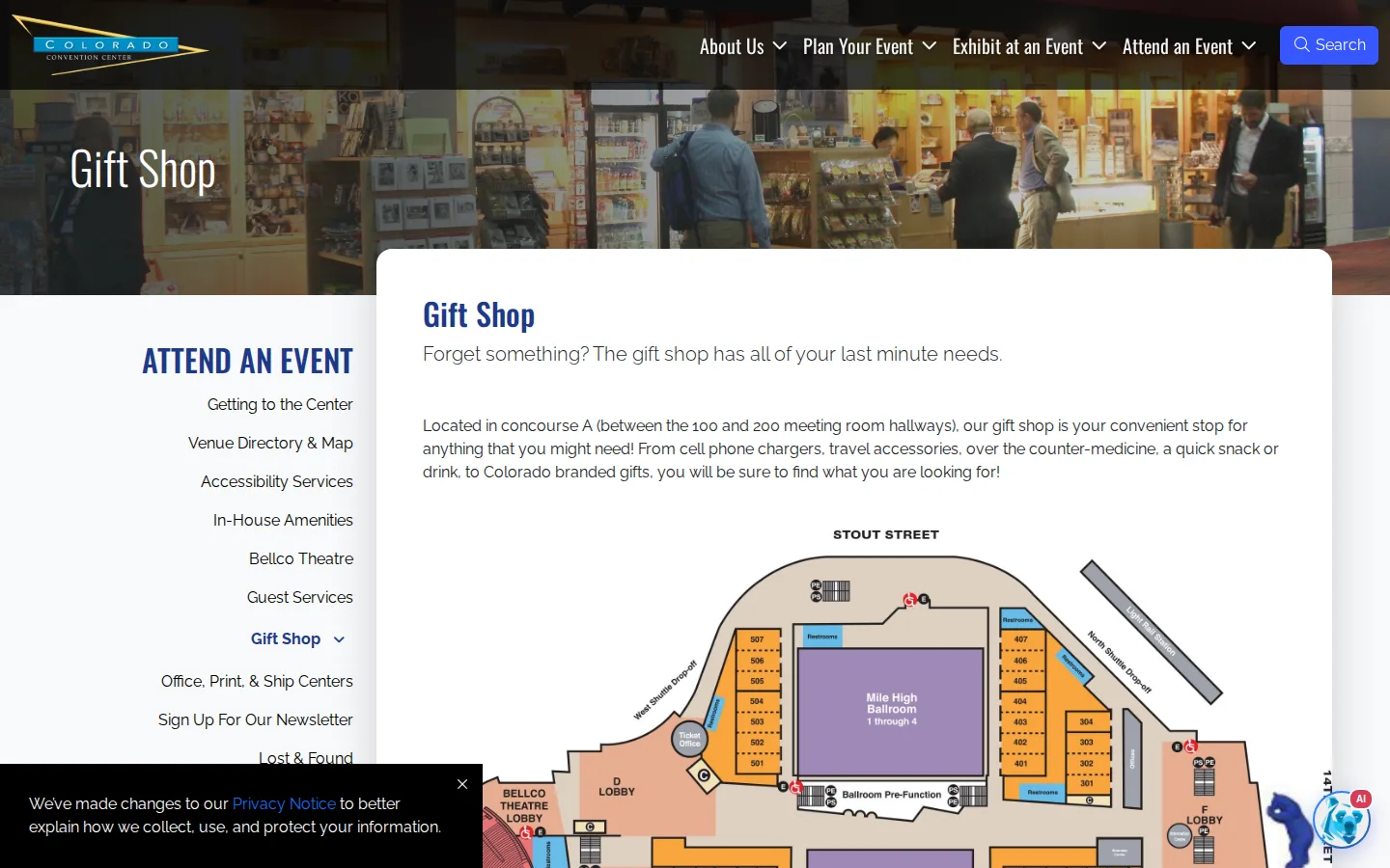 Captured website of Colorado Convention Center Gift Shop