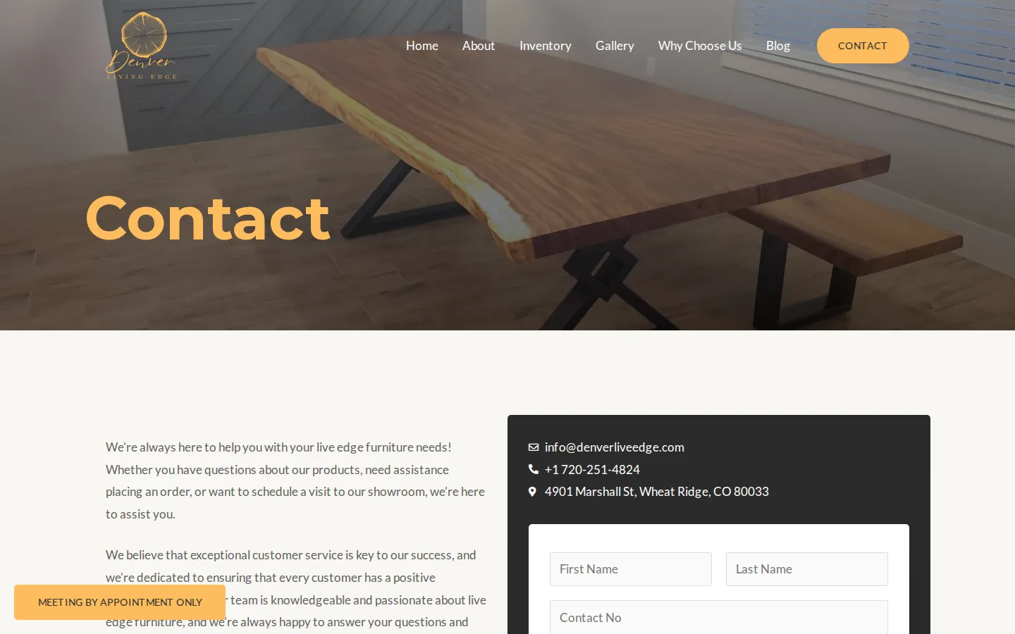 Captured website of Denver Living Edge – Handcrafted Live Edge Tables & Furniture