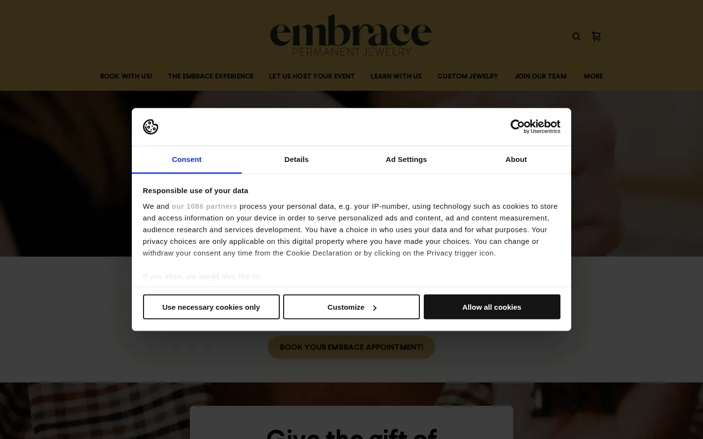 Captured website of Embrace Permanent Jewelry
