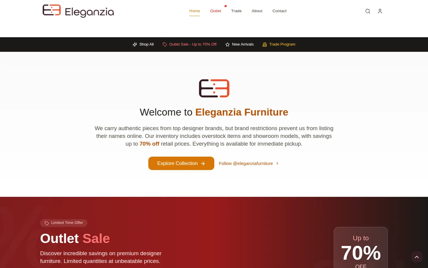 Captured website of Eleganzia Furniture Outlet