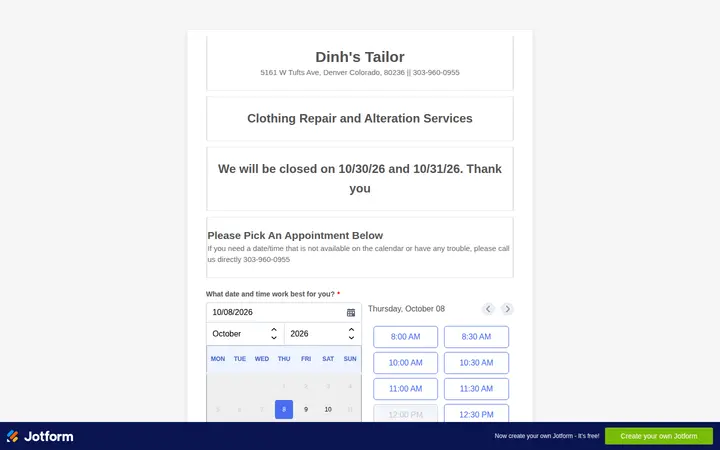 Website of Dinh's Tailor Alteration and Repair