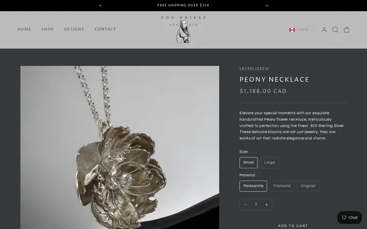 /products/peony-necklace-sterling-silver-flower-jewelry-diamond-moissanite-wedding-bridal-special-occassion-accessories — FOX PRIEST STUDIO