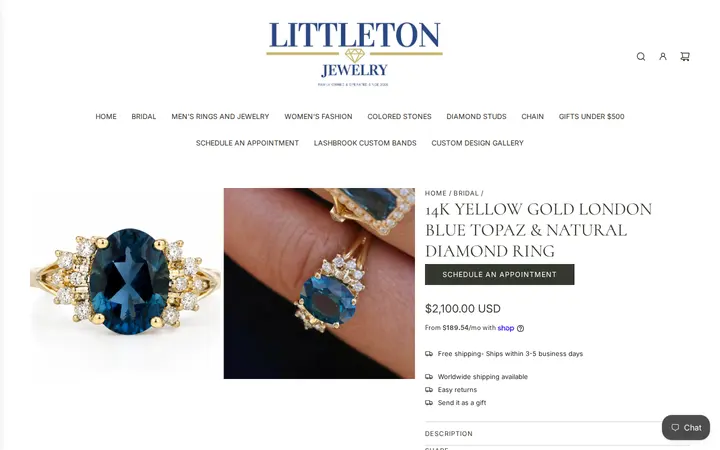 /collections/bridal/products/14k-yellow-gold-london-blue-topaz-natural-diamond-ring — Littleton Jewelry