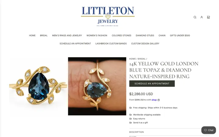 /collections/bridal/products/14k-yellow-gold-london-blue-topaz-diamond-nature-inspired-ring — Littleton Jewelry