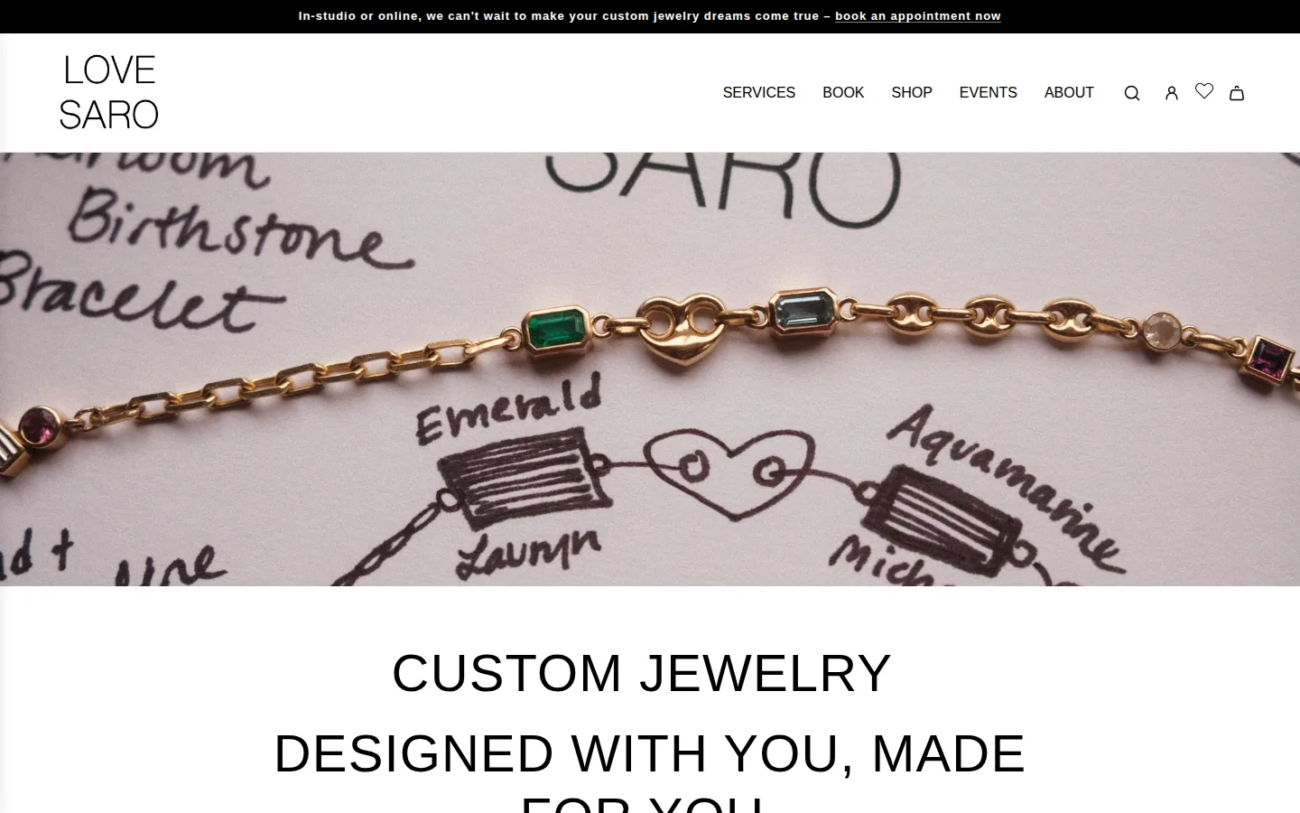 Captured website of LOVE SARO - Custom Permanent Jewelry & Beyond