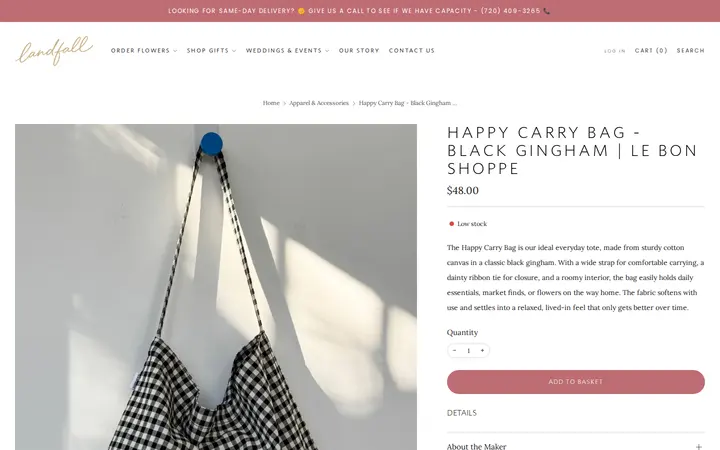 /collections/apparel-accessories/products/happy-carry-bag-black-gingham — Landfall Floral Co. | Denver Florist
