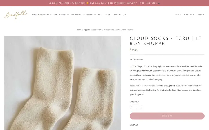 /collections/apparel-accessories/products/cloud-socks-ecru — Landfall Floral Co. | Denver Florist