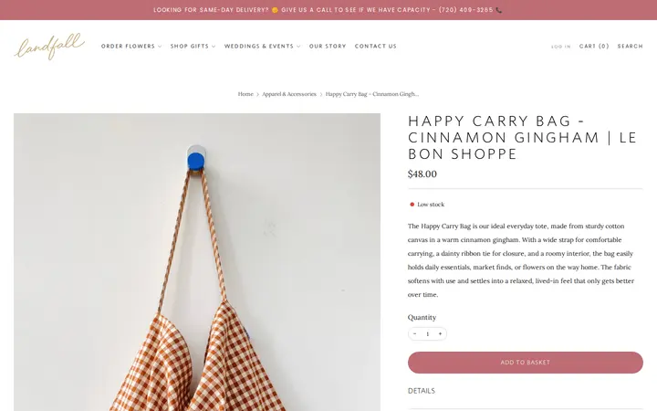 /collections/apparel-accessories/products/happy-carry-bag-cinnamon-gingham — Landfall Floral Co. | Denver Florist