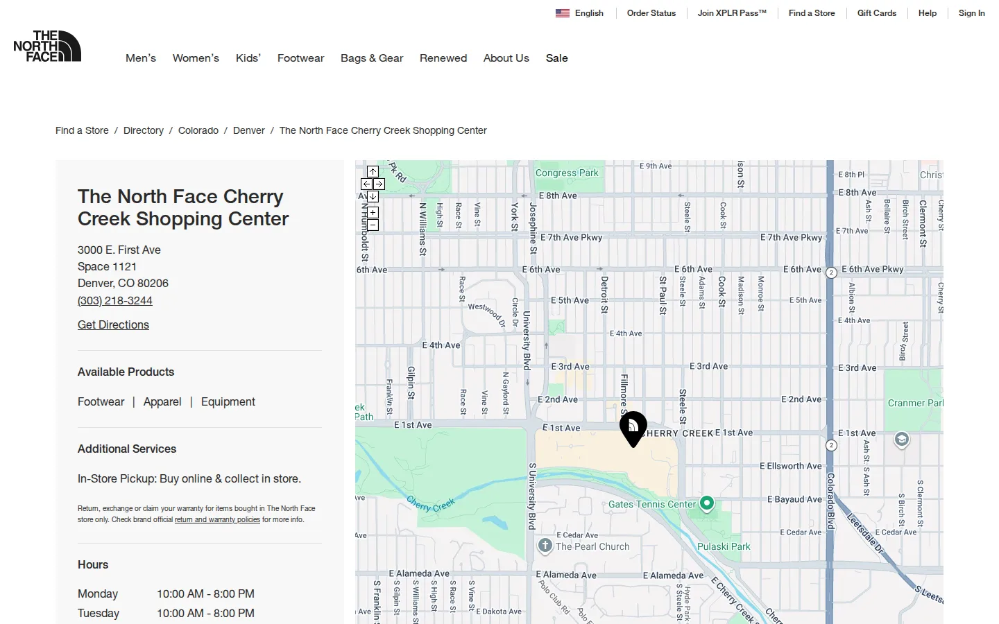 Captured website of The North Face Cherry Creek Shopping Center