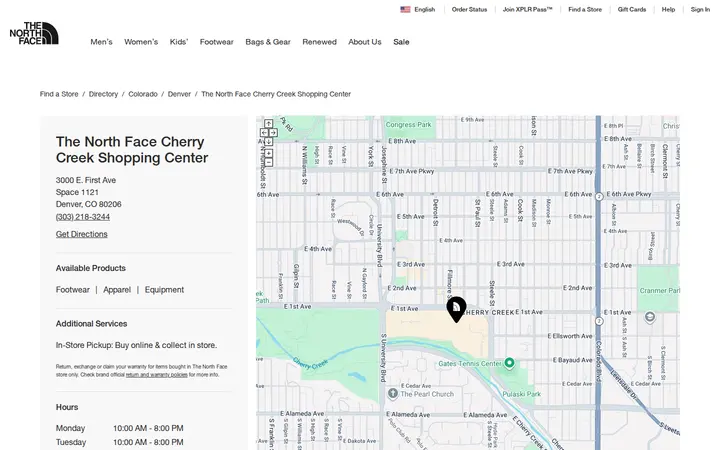 Website of The North Face Cherry Creek Shopping Center
