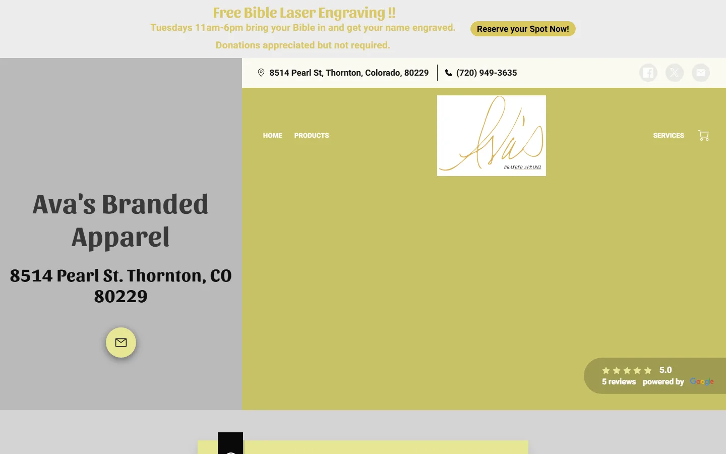 Captured website of Ava's Branded Apparel