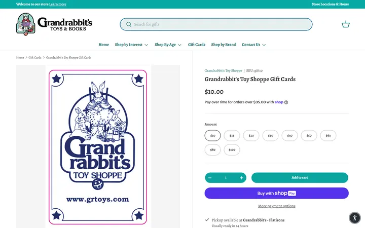 Grandrabbit's Toy Shoppe Gift Cards — Grandrabbit's Toy Shoppe