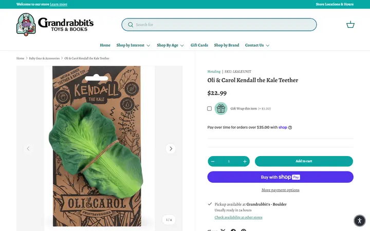 Oli & Carol Kendall the Kale Teether – Grandrabbit's Toy Shoppe — Grandrabbit's Toy Shoppe