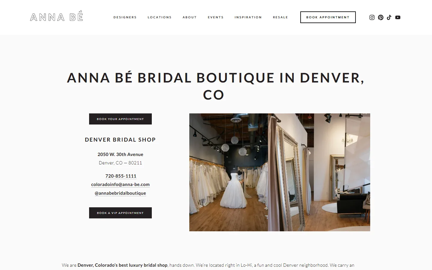 Captured website of anna bé bridal boutique denver