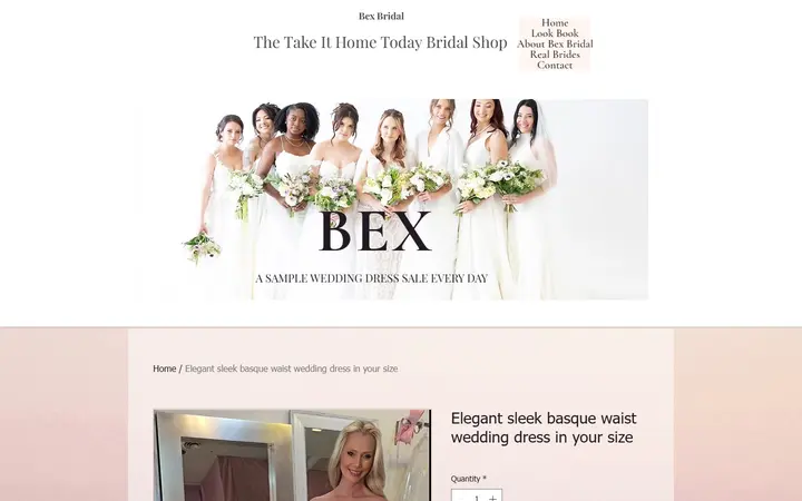 Elegant affordable, flowing basque waist wedding dress order now — Bex Bridal