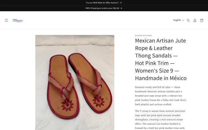/products/mexican-artisan-jute-rope-leather-thong-sandals-hot-pink-trim-womens-size-9-handmade-in-mexico — Mirame Boutique Room