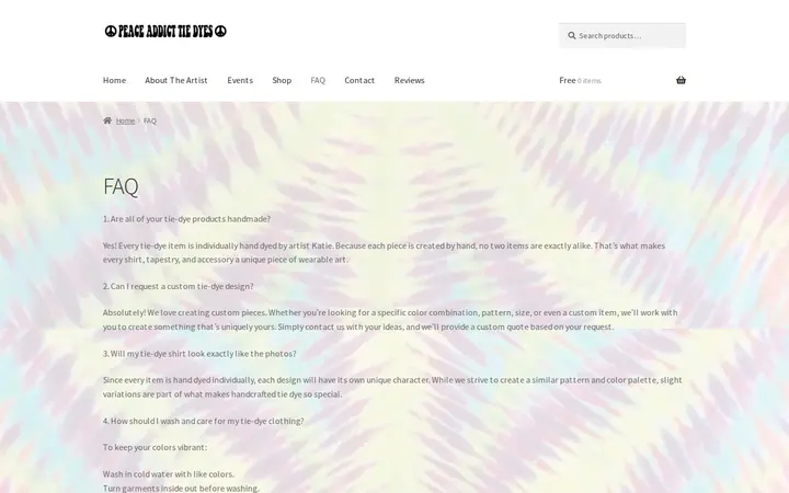 /index.php/faq — The Peace Place: Peace Addict Tie Dyes
