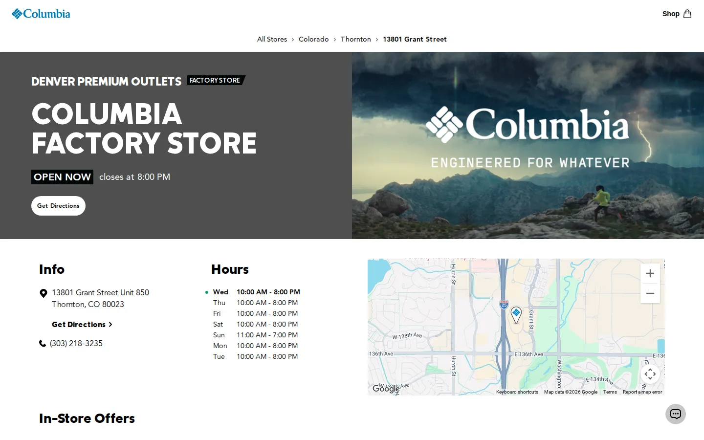 Captured website of Columbia Factory Store
