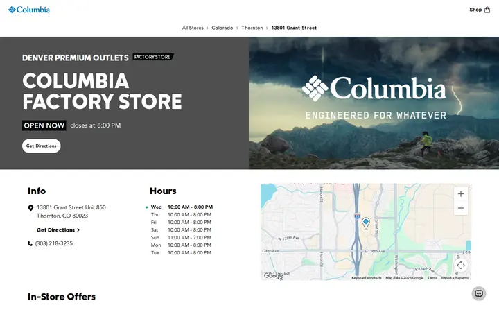 Website of Columbia Factory Store