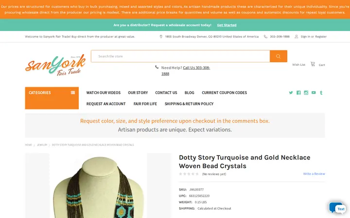 /dotty-story-turquoise-and-gold-necklace-woven-bead-crystals — Sanyork Fair Trade