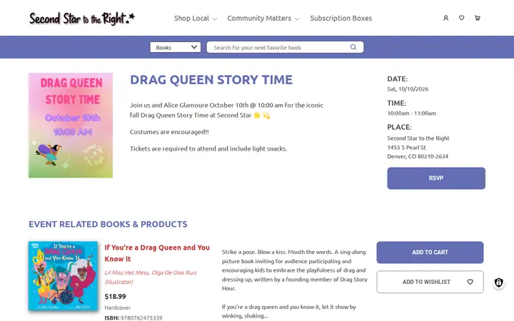 /event/2026-10-10/drag-queen-story-time — Second Star to the Right Books