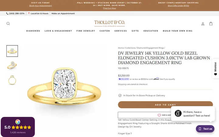 /collections/diamond-rings/products/dv-jewelry-14k-yellow-gold-bezel-elongated-cushion-3-01ctw-lab-grown-diamond-engagement-ring — Thollot & Co. Jewelers