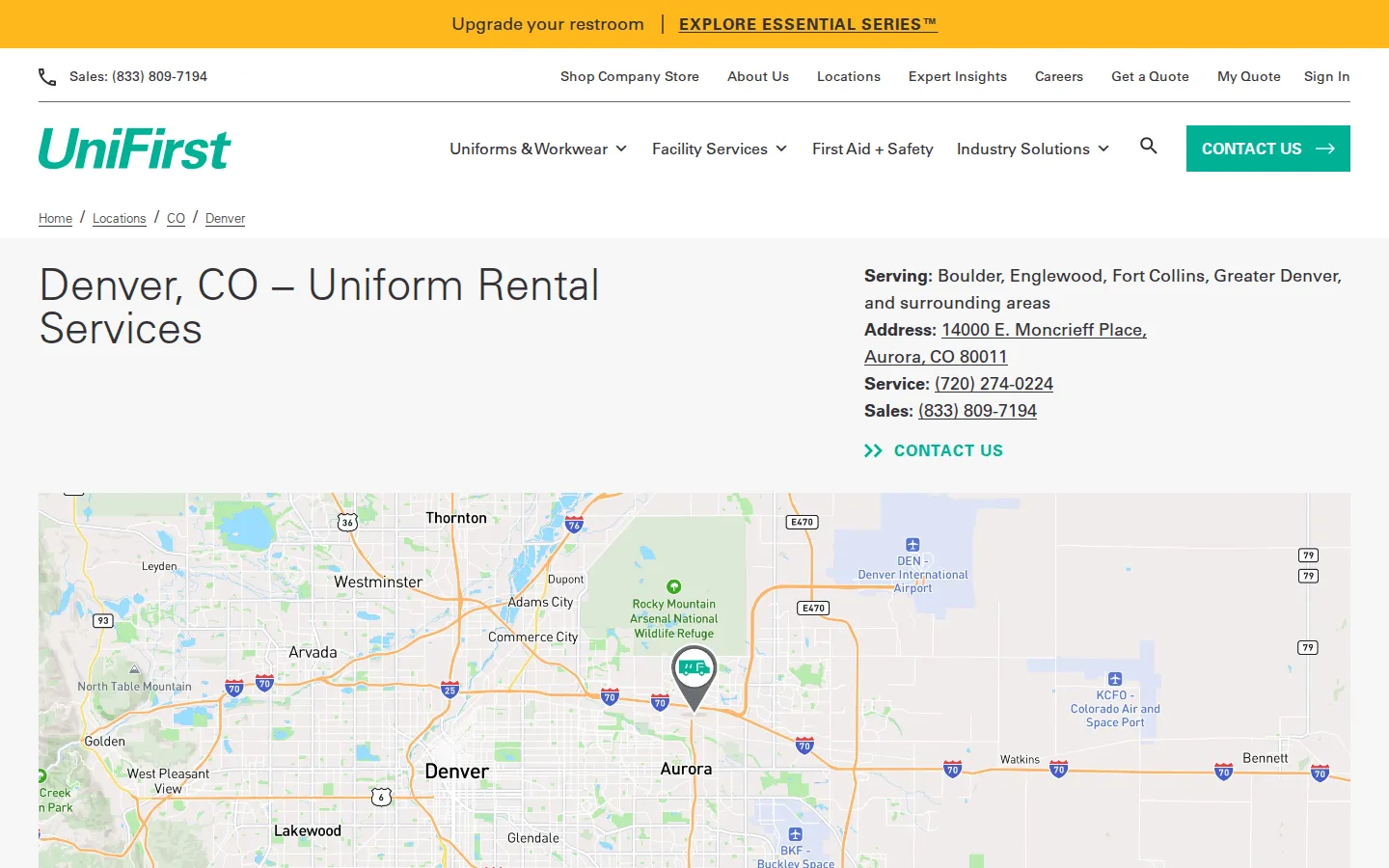 Captured website of UniFirst Uniform Services - Denver