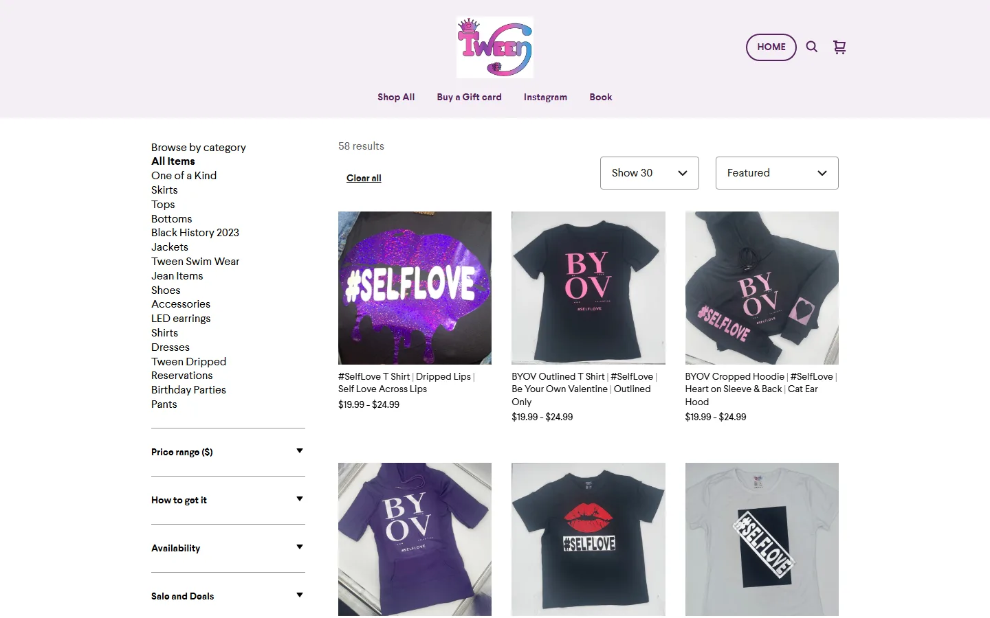 Captured website of Tween Boutique