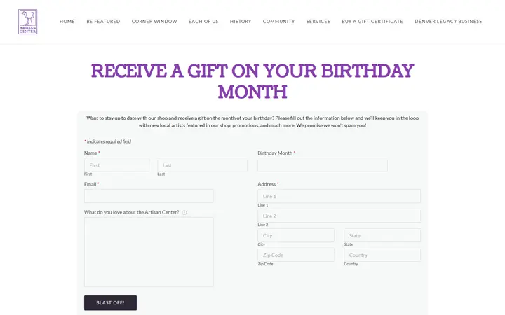 /birthday-signup.html — Artisan Center