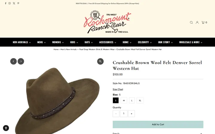/collections/mens-new-arrivals/products/crushable-brown-felt-denver-sorrel-western-cowboy-hat — Rockmount Ranch Wear Mfg Co