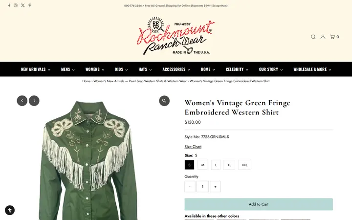 /collections/womens-new-arrivals/products/womens-vintage-green-fringe-embroidered-western-shirt — Rockmount Ranch Wear Mfg Co