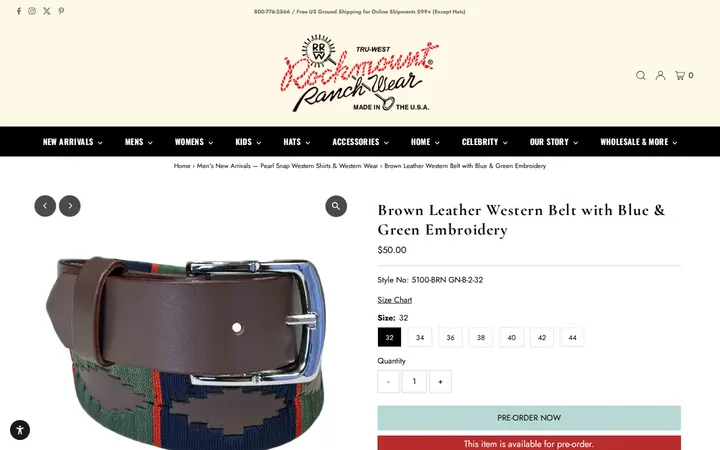 /collections/mens-new-arrivals/products/brown-leather-western-belt-with-blue-green-embroidery — Rockmount Ranch Wear Mfg Co