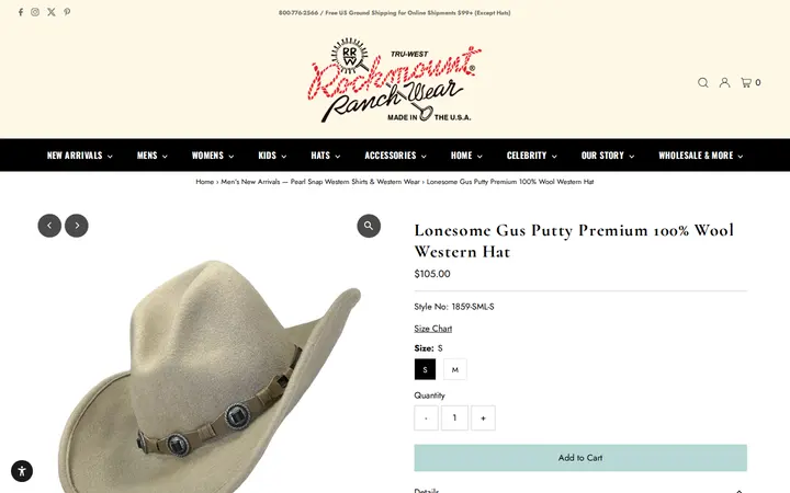 /collections/mens-new-arrivals/products/lonesome-gus-putty-premium-100-wool-western-cowboy-hat — Rockmount Ranch Wear Mfg Co