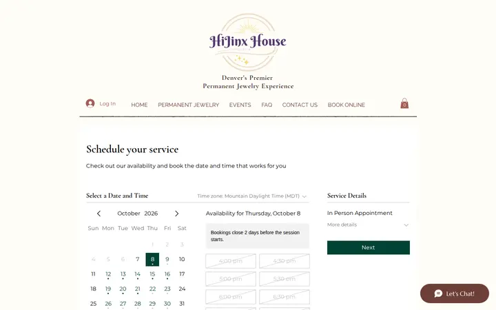 /booking-calendar/in-person-appointment — HiJinx House Collective | Denver based mobile Permanent Jewelry