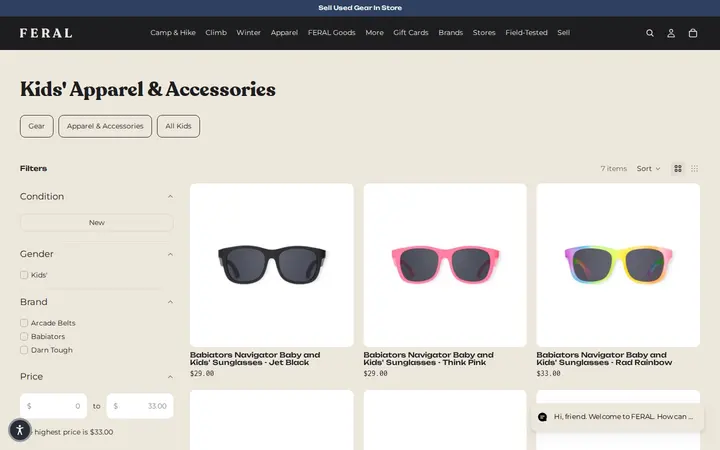 /collections/kids-apparel-accessories — FERAL - New and Used Outdoor Goods