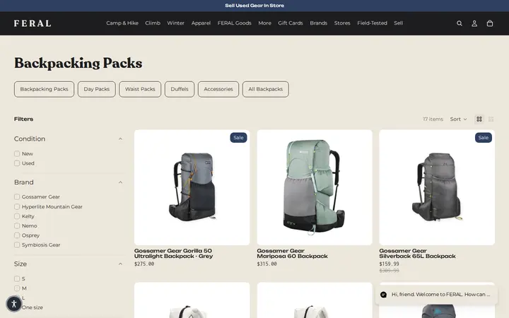 /collections/backpacking-packs — FERAL - New and Used Outdoor Goods