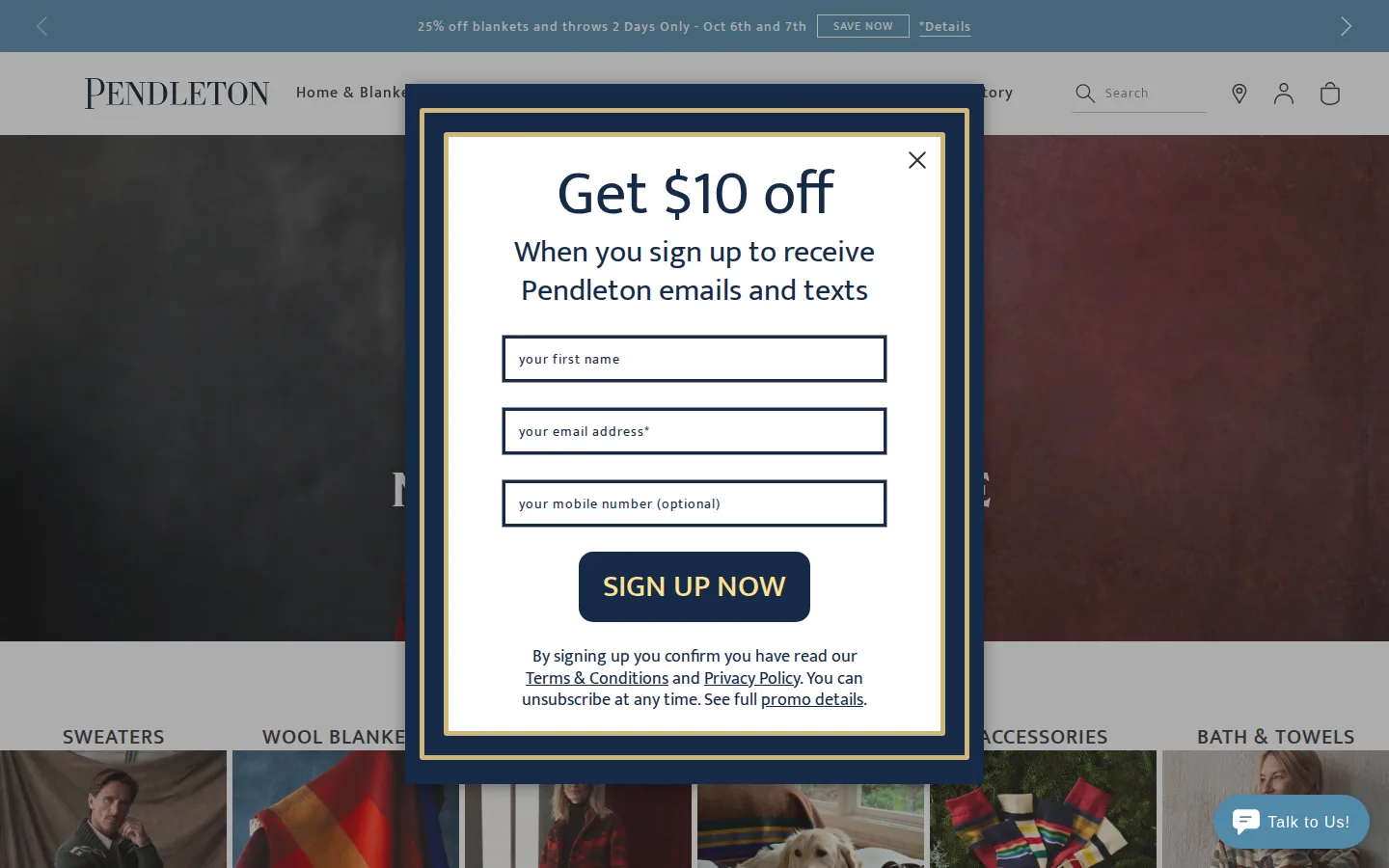 Captured website of Pendleton