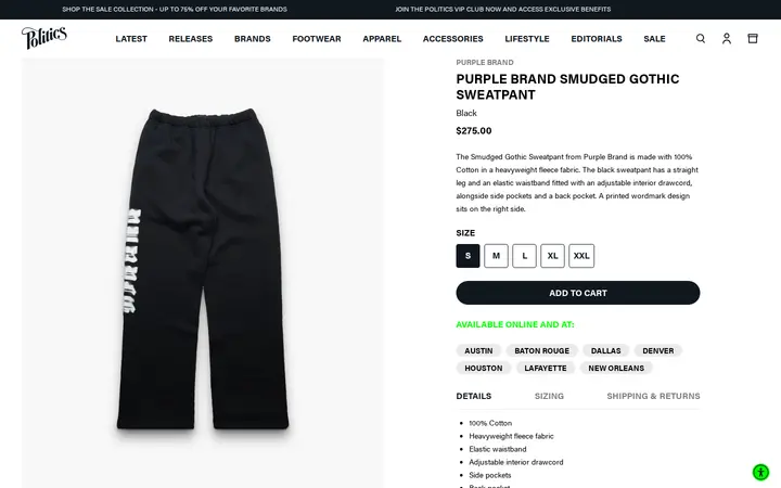 /collections/latest-apparel/products/purple-brand-smudged-gothic-sweatpant-black — Sneaker Politics