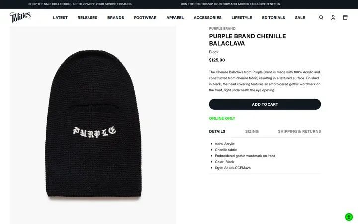 /collections/latest-accessories/products/purple-brand-chenille-balaclava-black — Sneaker Politics