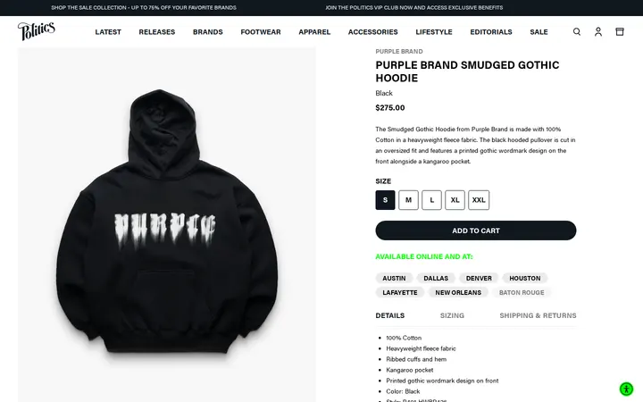 /collections/latest-apparel/products/purple-brand-smudged-gothic-hoodie-black — Sneaker Politics