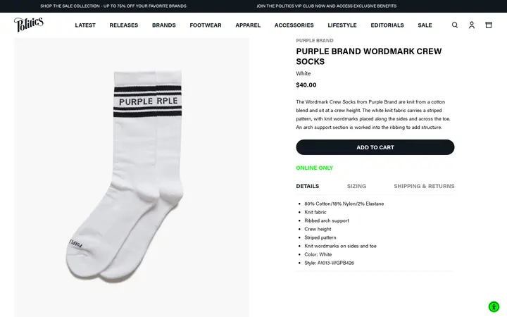 /collections/latest-accessories/products/purple-brand-wordmark-crew-socks-white — Sneaker Politics