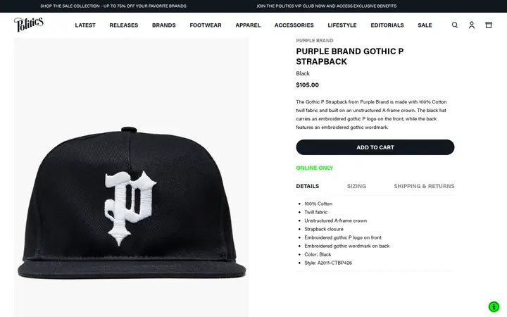 /collections/latest-accessories/products/purple-brand-gothic-p-strapback-black — Sneaker Politics