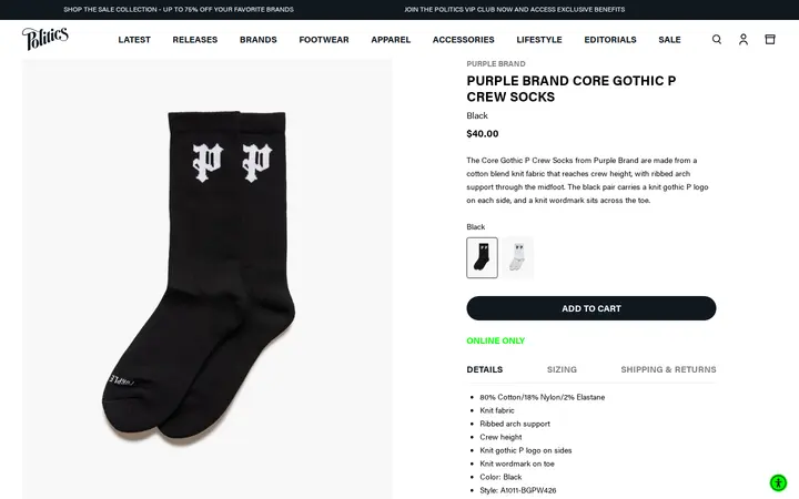 /collections/latest-accessories/products/purple-brand-core-gothic-p-crew-socks-black — Sneaker Politics