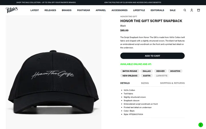 /collections/latest-accessories/products/honor-the-gift-script-snapback-black — Sneaker Politics