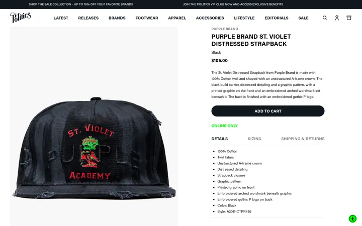 /collections/latest-accessories/products/purple-brand-st-violet-distressed-strapback-black — Sneaker Politics