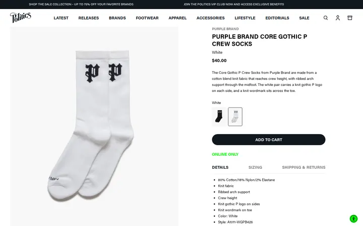 /collections/latest-accessories/products/purple-brand-core-gothic-p-crew-socks-white — Sneaker Politics