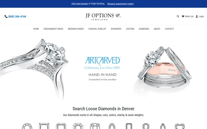 Website of JF Options Jewelers