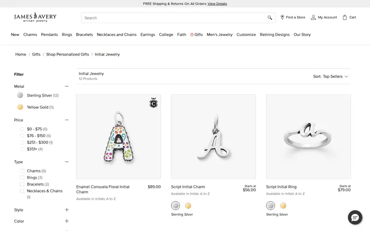 /gifts/shop-personalized-gifts/initial-jewelry — james avery artisan jewelry, James Avery Craftsman
