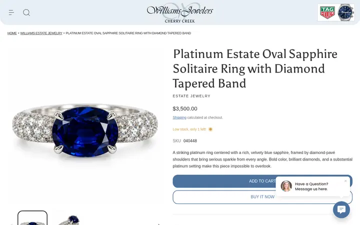 /collections/designers-williams-estate-jewelry/products/platinum-estate-oval-sapphire-solitaire-ring-with-diamond-tapered-band — Williams Jewelers of Cherry Creek North